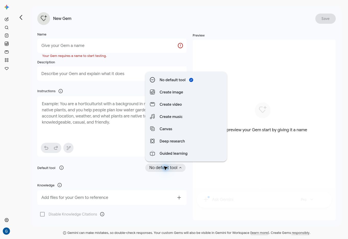 Gemini Default tool menu showing the Canvas option